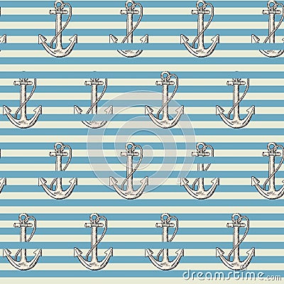 Anchor on blue stripes background seamless sailor pattern. Art design elements stock vector illustration Vector Illustration